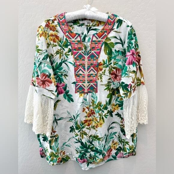 JOHN MARK | 100% Linen Tropical Floral Embroidered Lace Sleeve Tunic Top | Large - Picture 1 of 8